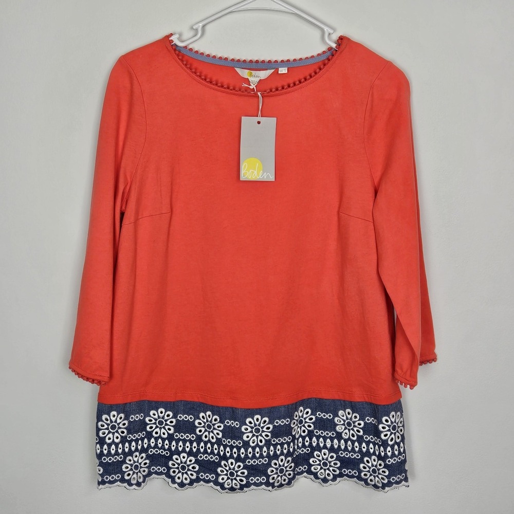 Boden Womens Size US 6‎ Jersey Broderie Overlay Top Cotton Denim Eyelet Hem